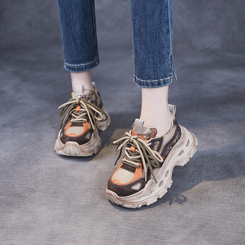 Women Fashion Patchwork Breathable Leather Platform Sneakers-RAIIFY