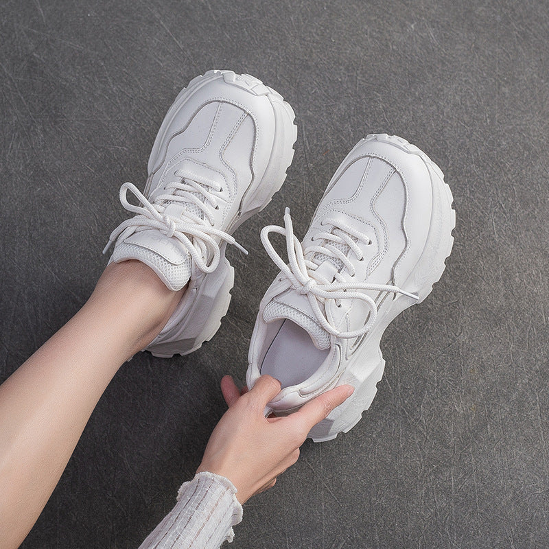 Women's Plain Quilted Leather Chunky Platform Sneakers-RAIIFY