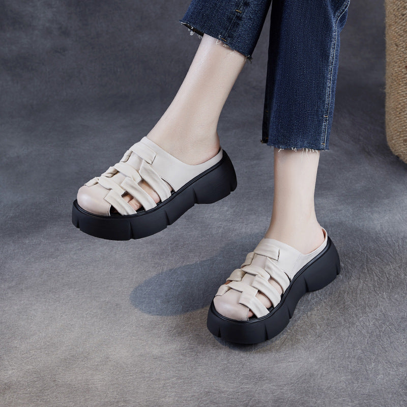 Women Retro Plaited Leather Platform Casual Mules-RAIIFY