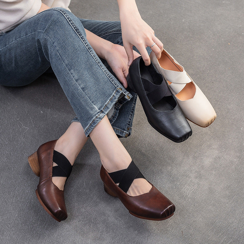 Women Retro Leather Cross Strap Low Block Casual Shoes-RAIIFY