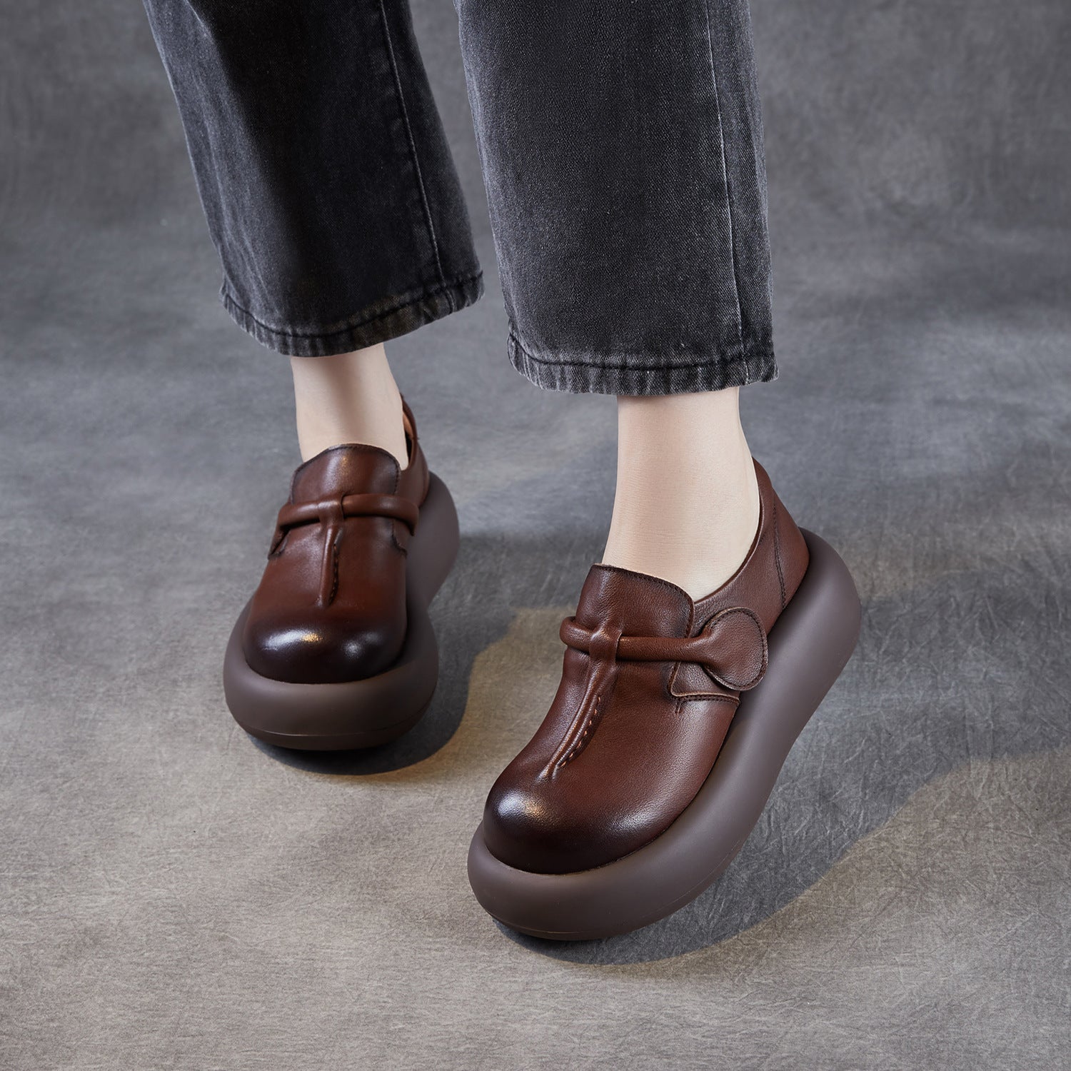 Women Retro Leather Chunky Platform Casual Shoes-RAIIFY