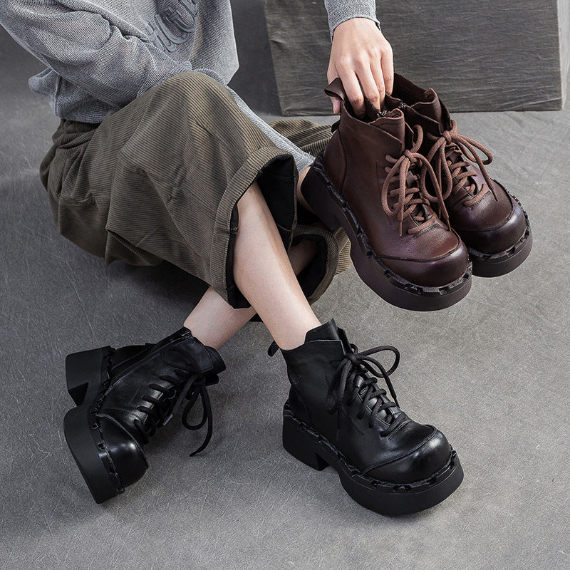 Women's Retro Leather Chunky Platform Ankle Boots-RAIIFY