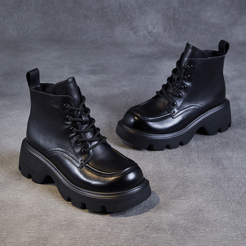 Women's Vintage Leather Casual Platform Ankle Boots-RAIIFY