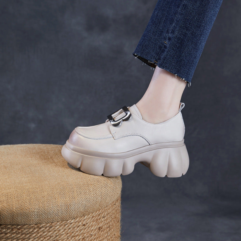 Women Plain Leather Buckle Chunky Platform Loafers-RAIIFY