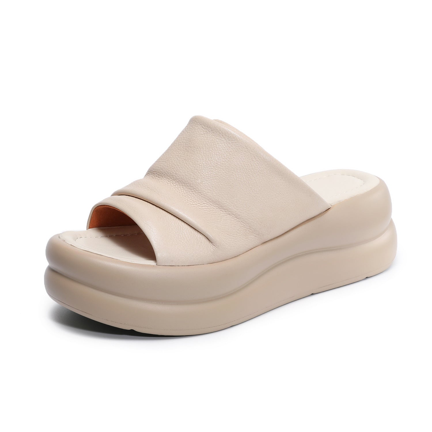 Women's Pleated Leather Platform Casual Open Toe Slides-RAIIFY