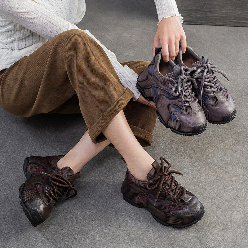 Women's Retro Breathable Mesh Leather Flat Casual Shoes-RAIIFY