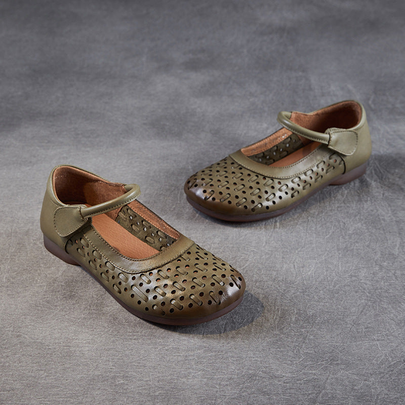 Women Retro Plain Hollow Leather Low Top Flats-RAIIFY