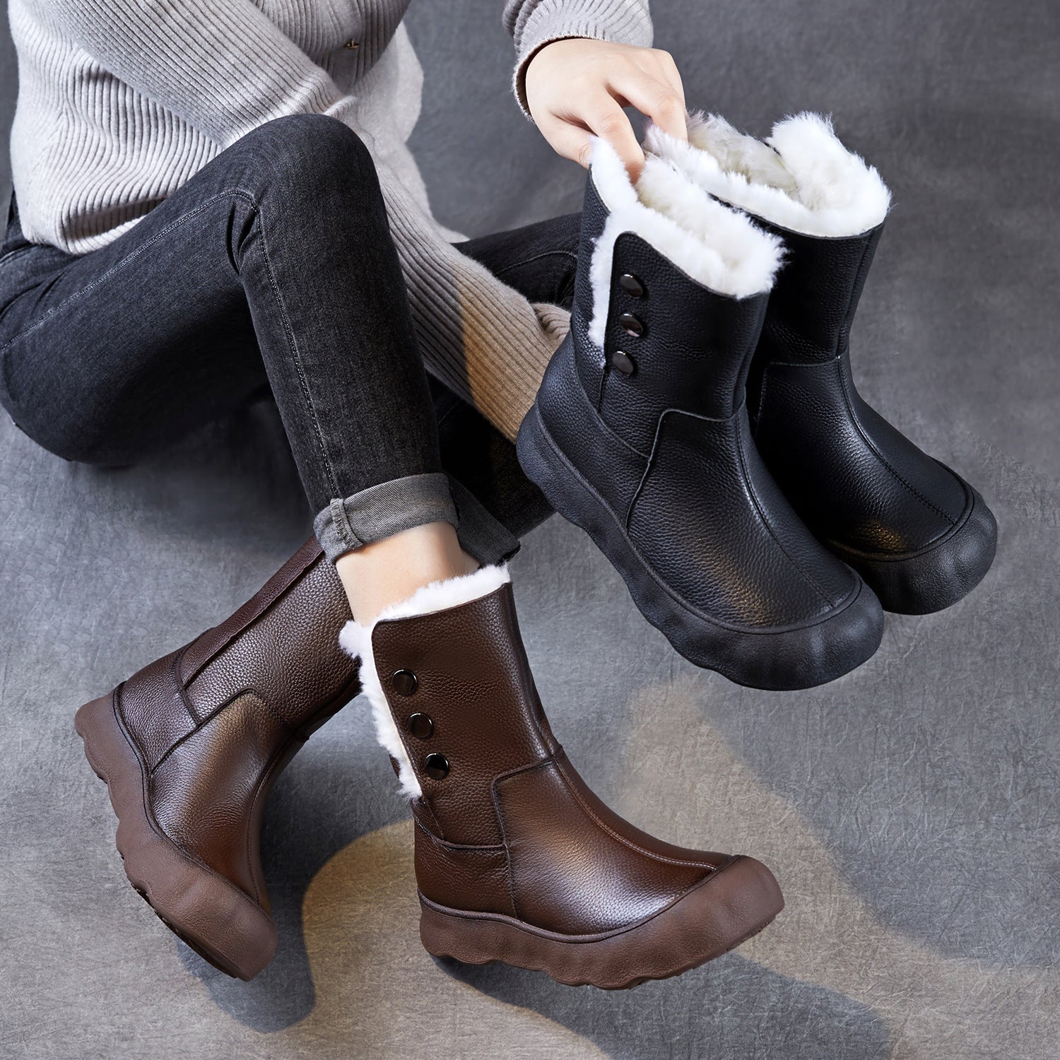 Women's Genuine Leather Woolen Mid-Calf Snow Boots-RAIIFY