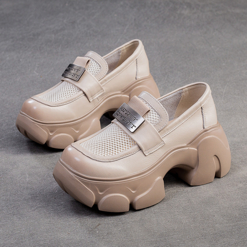 Women Hollow Mesh Leather Chunky Platform Loafers-RAIIFY