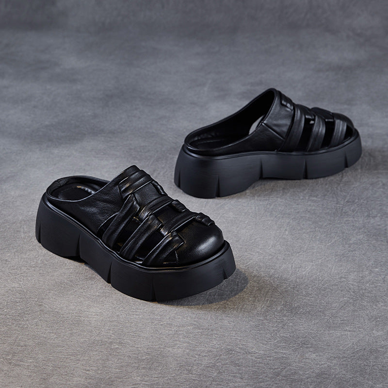 Women Retro Plaited Leather Platform Casual Mules-RAIIFY