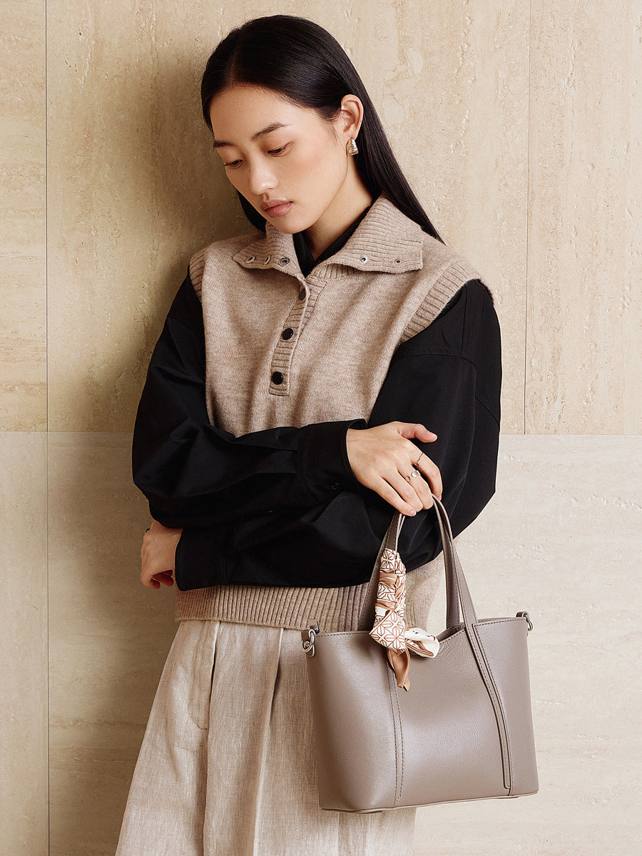 Women’s Elegant Plain Leather Silk Scarf Tote Bag-RAIIFY