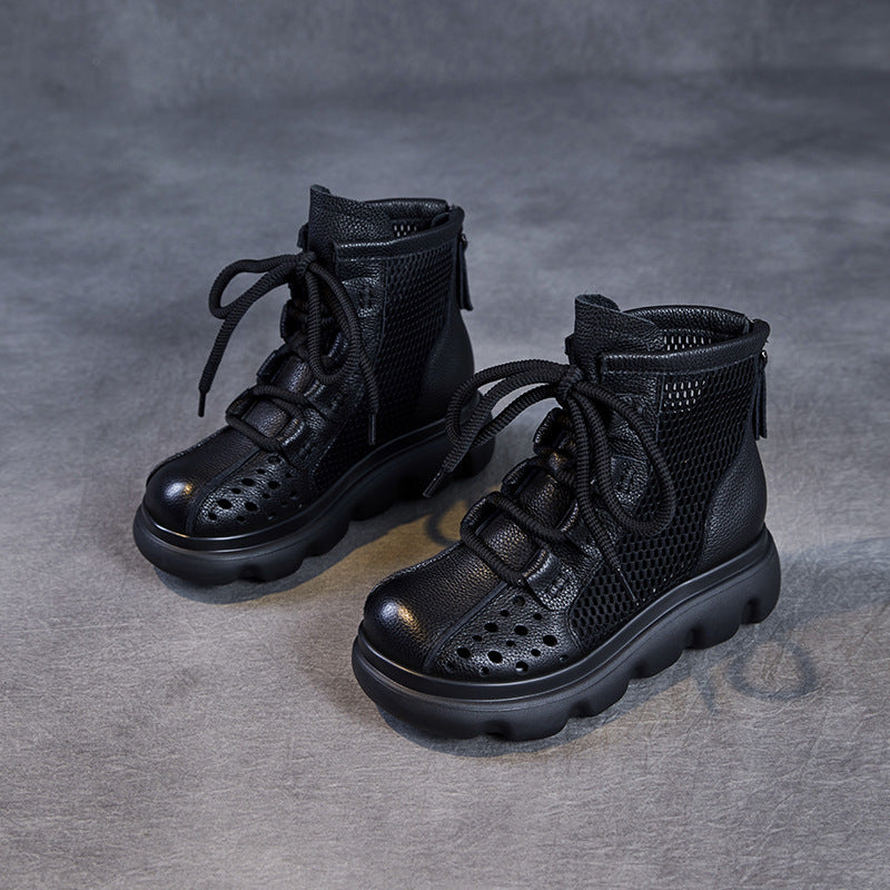 Women Plain Hollow Leather Mesh Platform Boots-RAIIFY