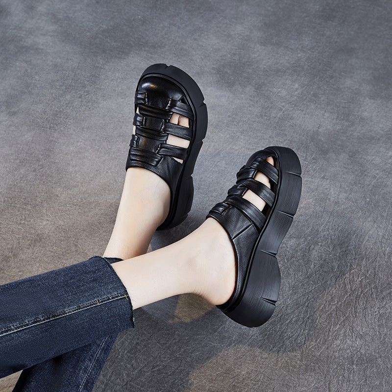 Women Retro Plaited Leather Platform Casual Mules-RAIIFY