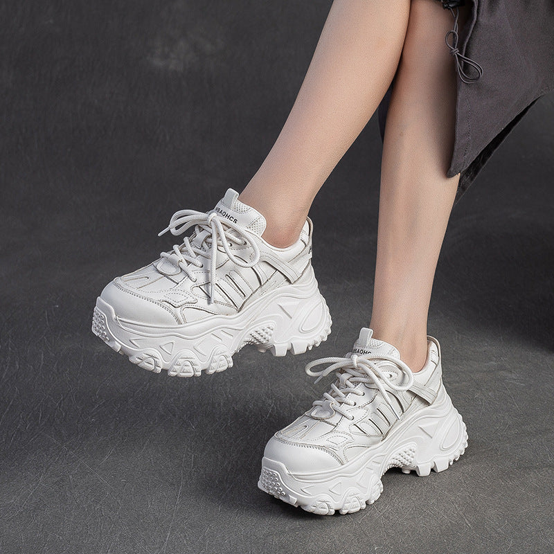 Women's Minimalist Plain Leather Chunky Platform Sneakers-RAIIFY
