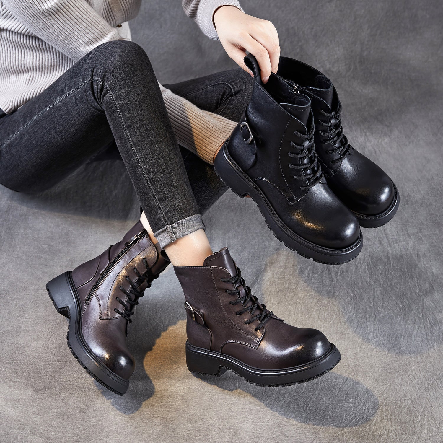 Women's Retro Plain Leather Buckle Ankle Boots-RAIIFY