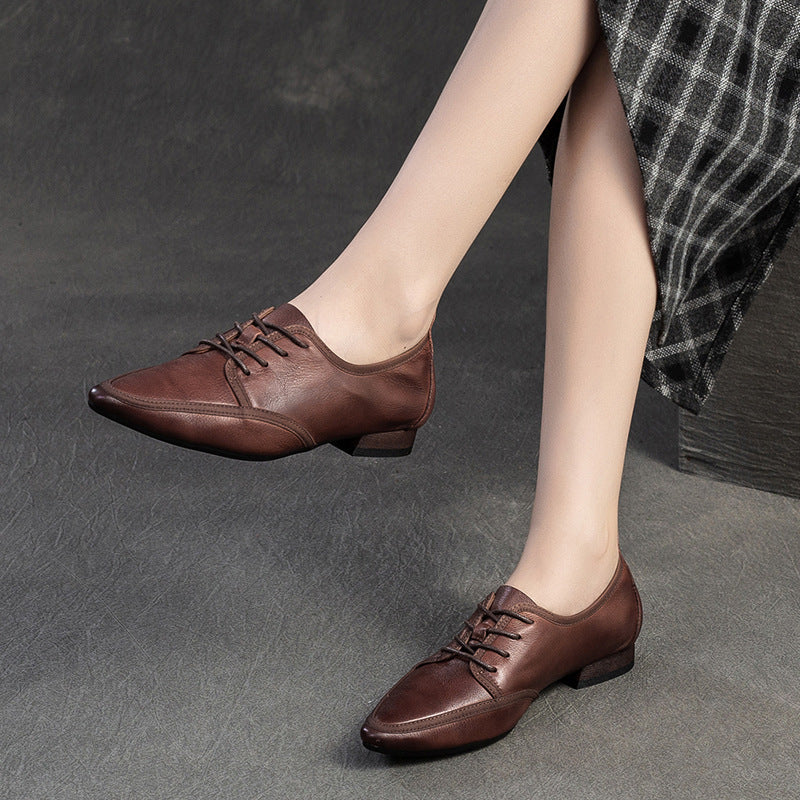 Women Retro Solid Leather Pointed Toe Work Shoes-RAIIFY