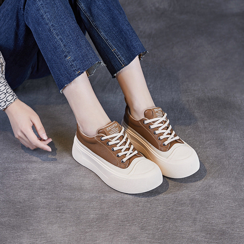 Women Fashion Plain Leather Flat Casual Shoes-RAIIFY