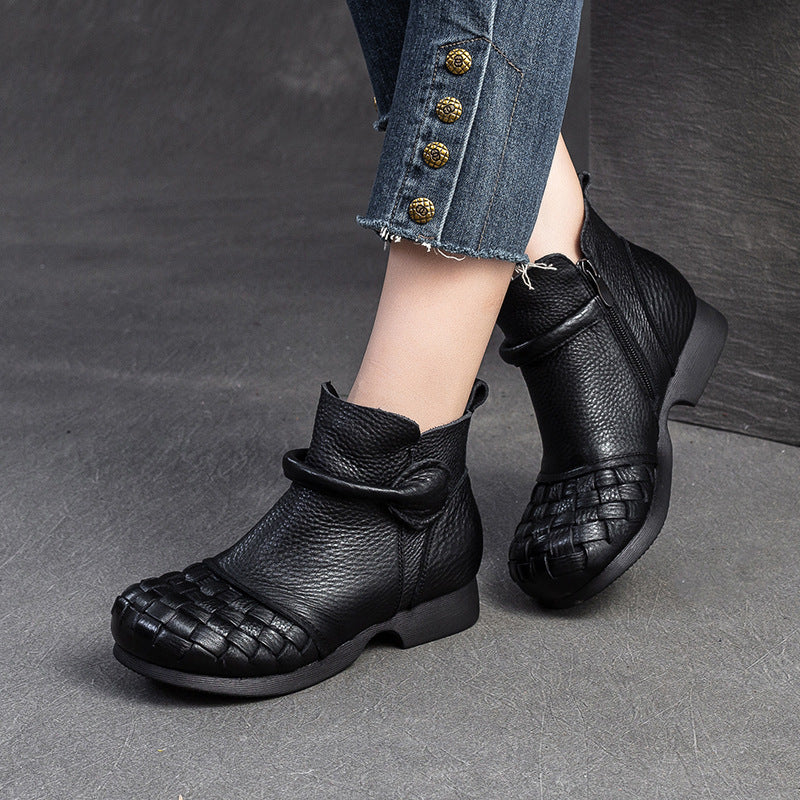 Women Retro Plaited Cowhide Soft Ankle Boots-RAIIFY