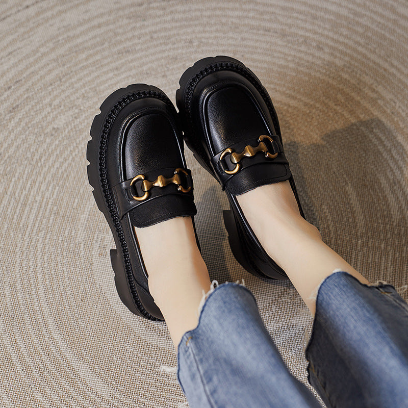 Women Retro Leather Chain Chunky Wedge Loafers-RAIIFY