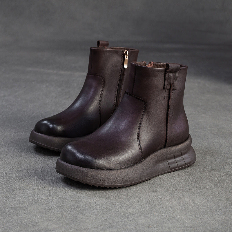 Women's Minimalist Plain Leather Furred Ankle Snow Boots-RAIIFY