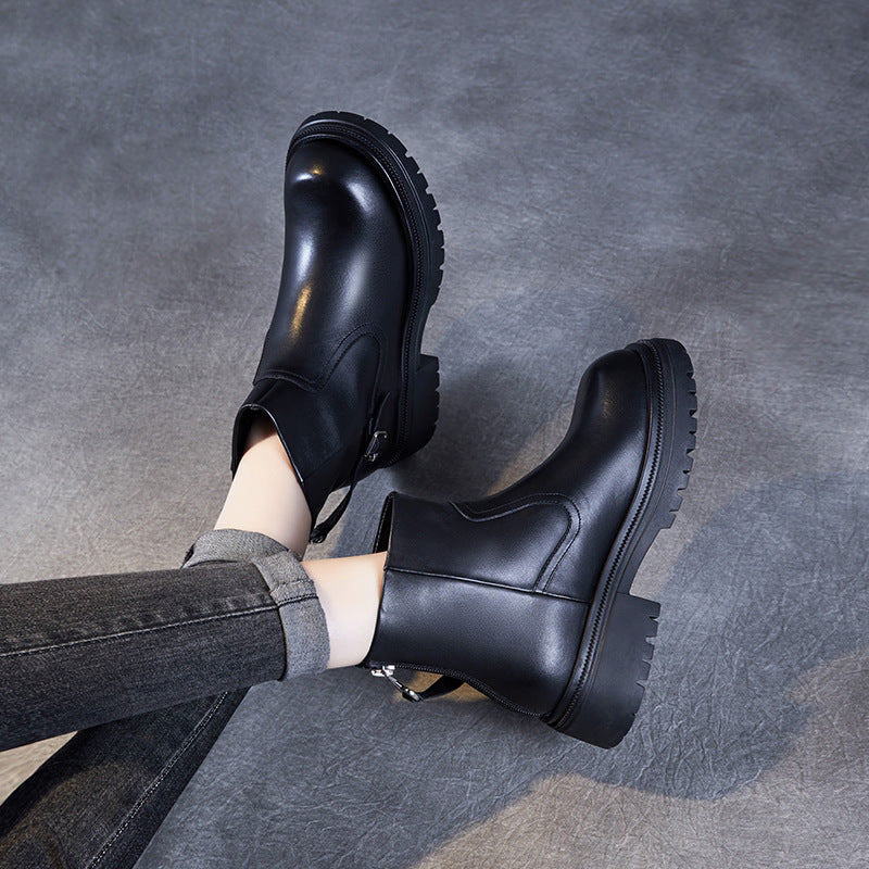 Women's Retro Plain Leather Furred Platform Ankle Boots-RAIIFY