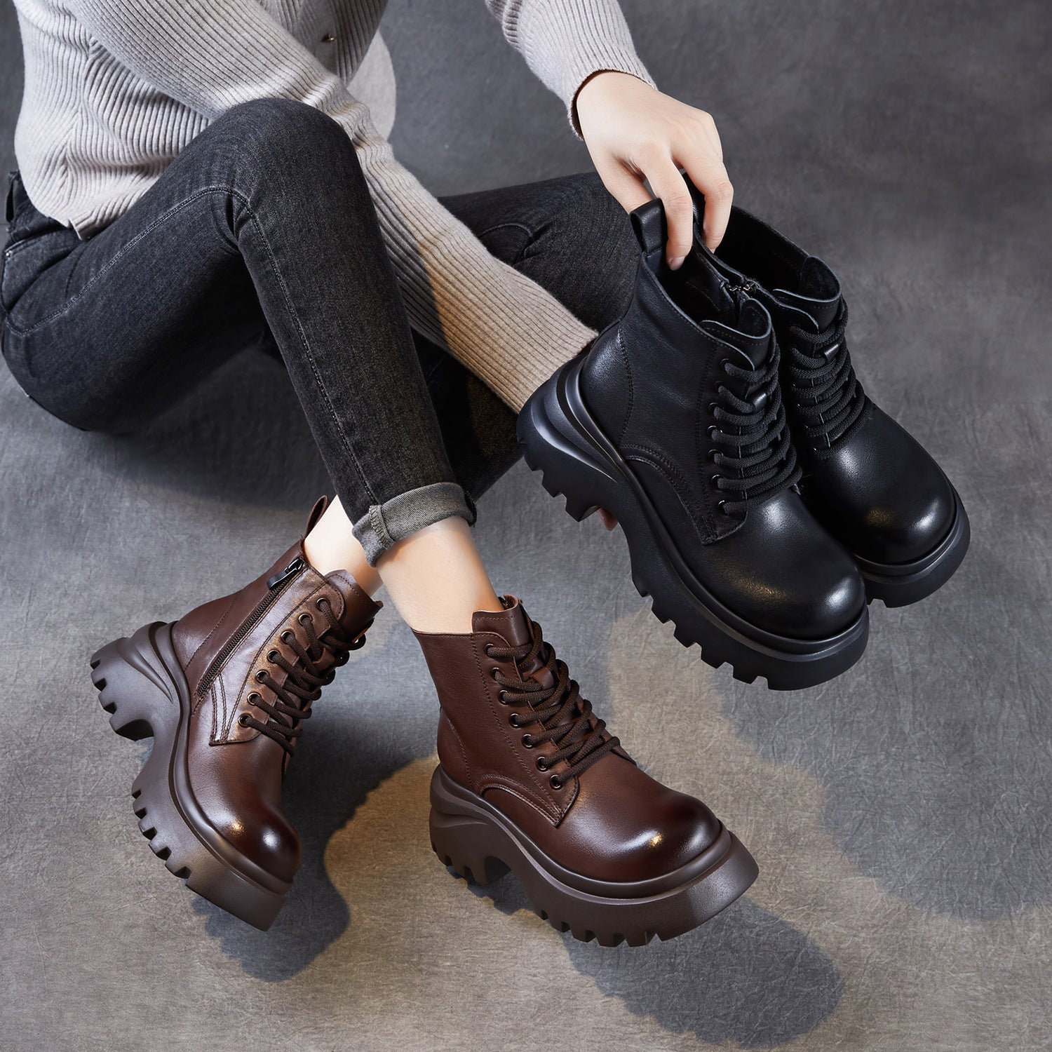 Women's Retro Plain Leather Chunky Platform Boots-RAIIFY
