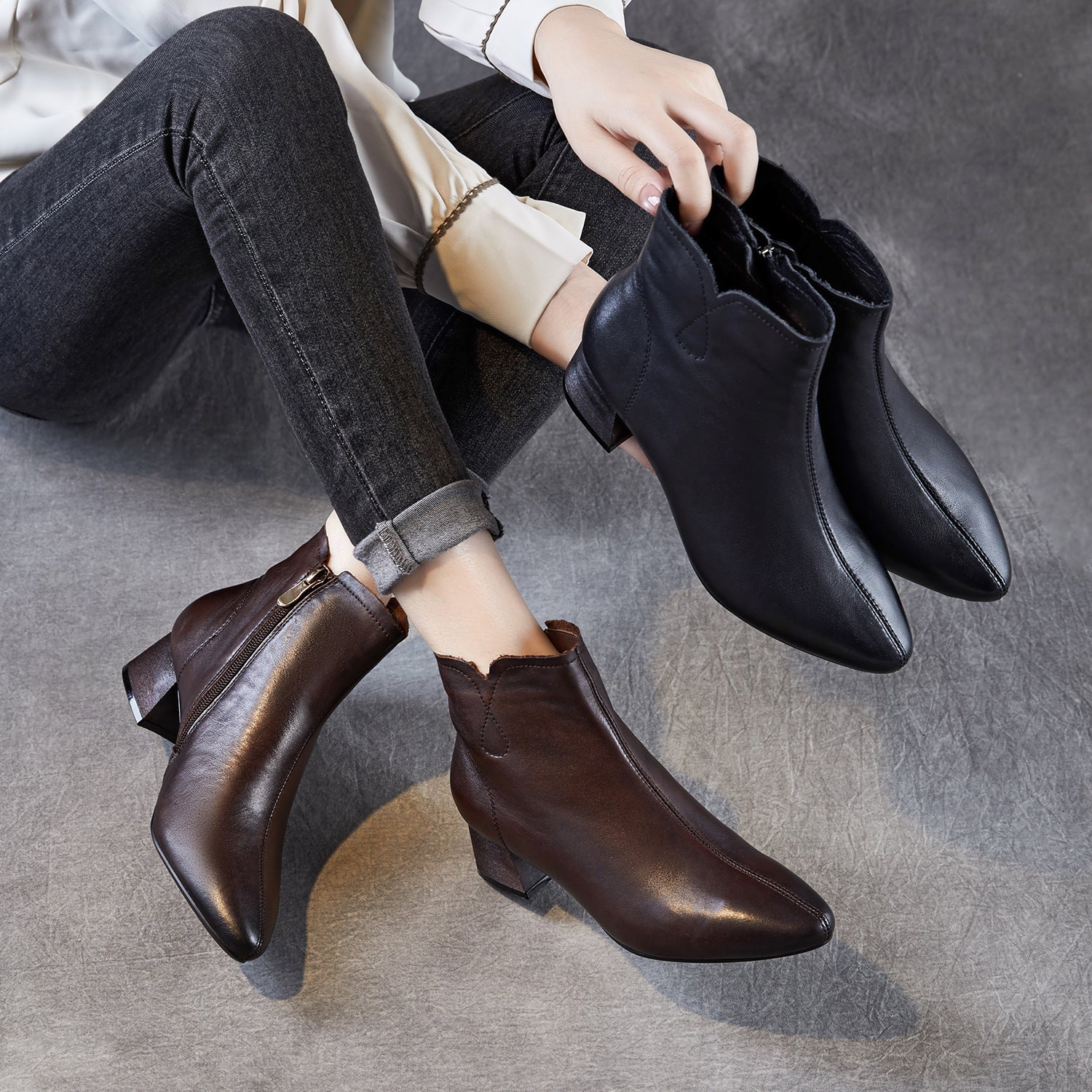 Women's Pointed-Toe Block-Heel Leather Ankle Boots-RAIIFY
