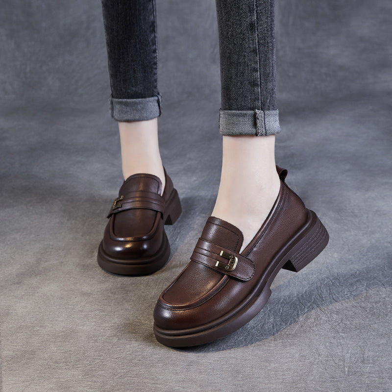 Women Retro Leather Low Block Classic Loafers-RAIIFY