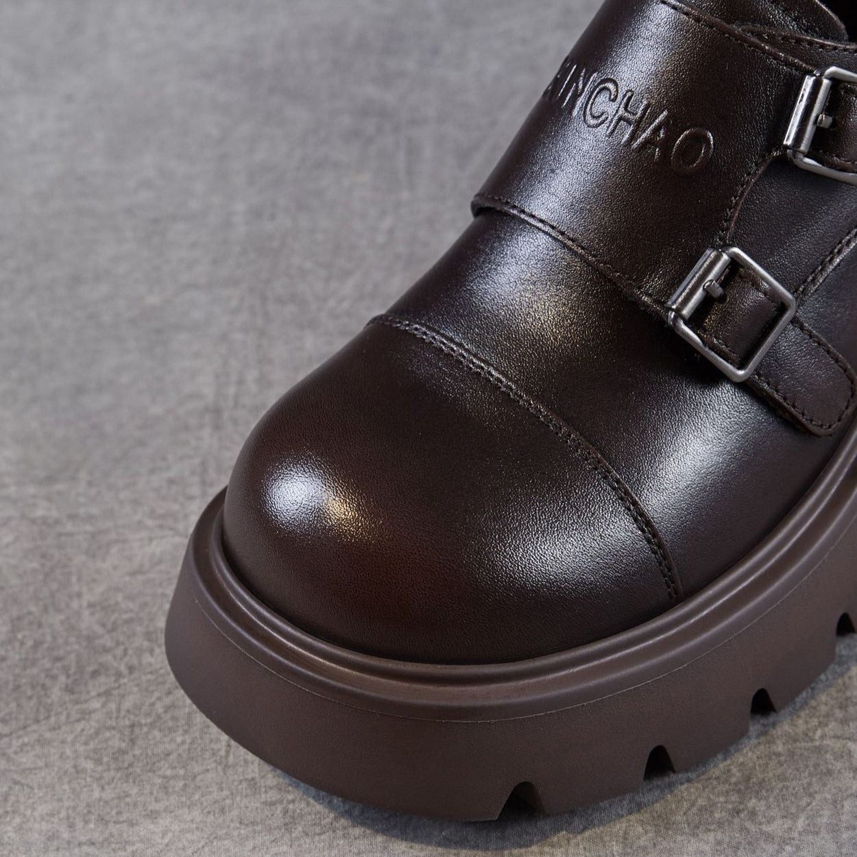 Women's Plain Leather Buckle Chunky Heel Loafers-RAIIFY