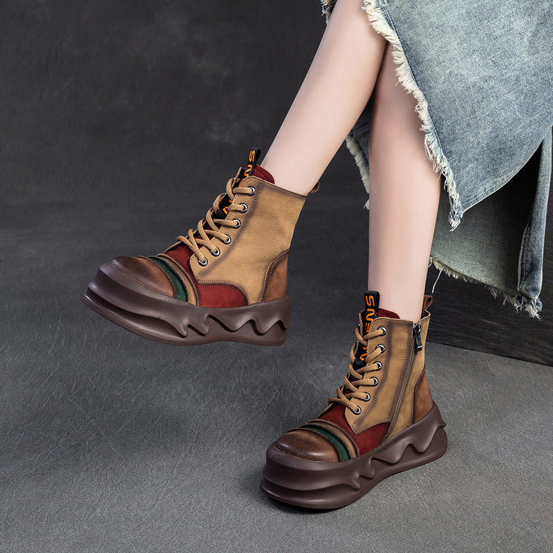 Women Color Matching Leather Winter Furred Boots-RAIIFY