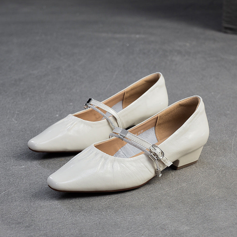 Women's Genuine Leather Pointed-Toe Low Block Pumps-RAIIFY