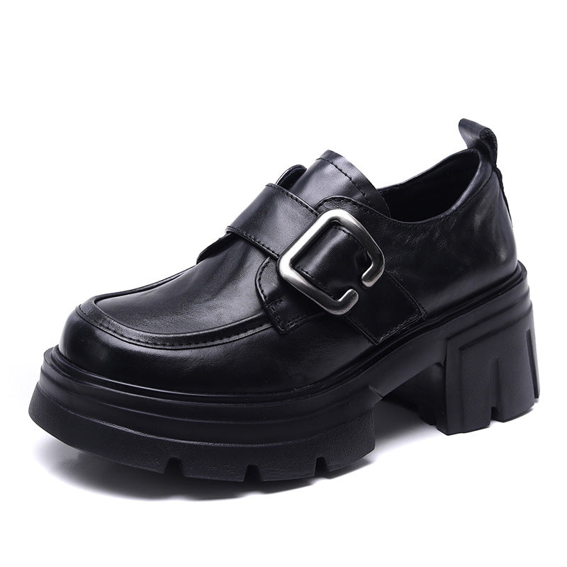 Women Vintage Plain Leather Buckle Chunky Heel Loafers-RAIIFY