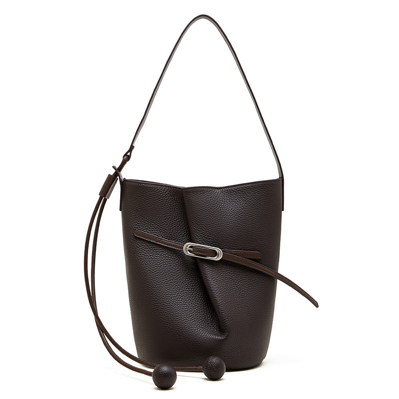 Women's Retro Plain Leather Bucket Bag-RAIIFY