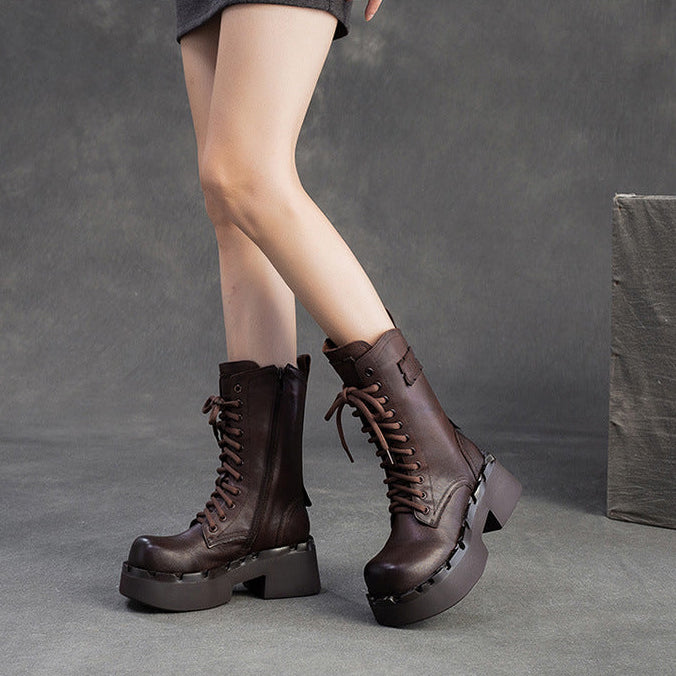 Women's Vintage Leather Platform Mid-Calf Boots-RAIIFY