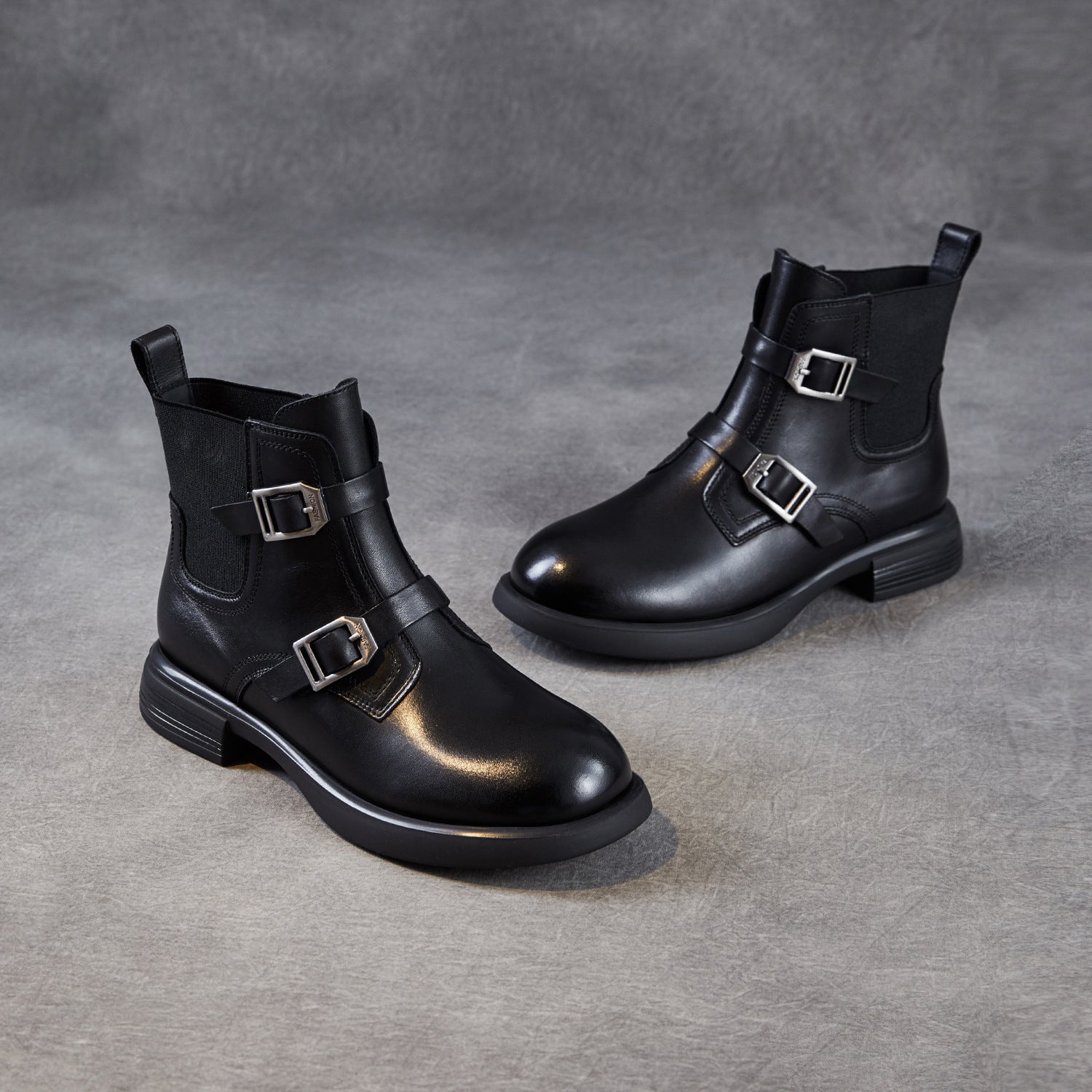 Women's Retro Buckle Leather Slip-on Ankle Boots-RAIIFY