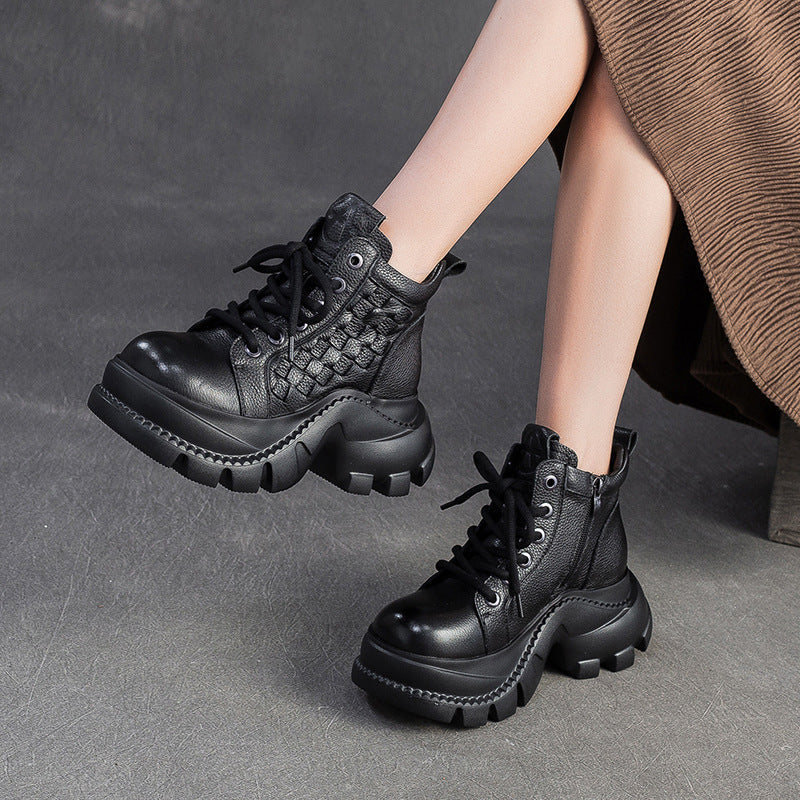 Women's Retro Woven Leather Comfort Platform Boots-RAIIFY