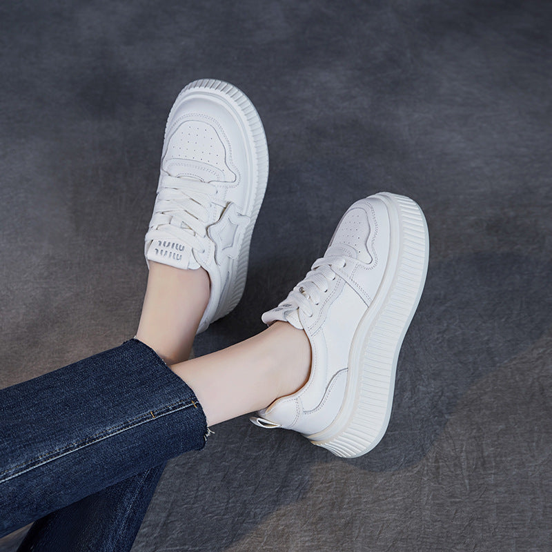 Women Plain Embossed Leather Thick Soled Casual Sneakers-RAIIFY