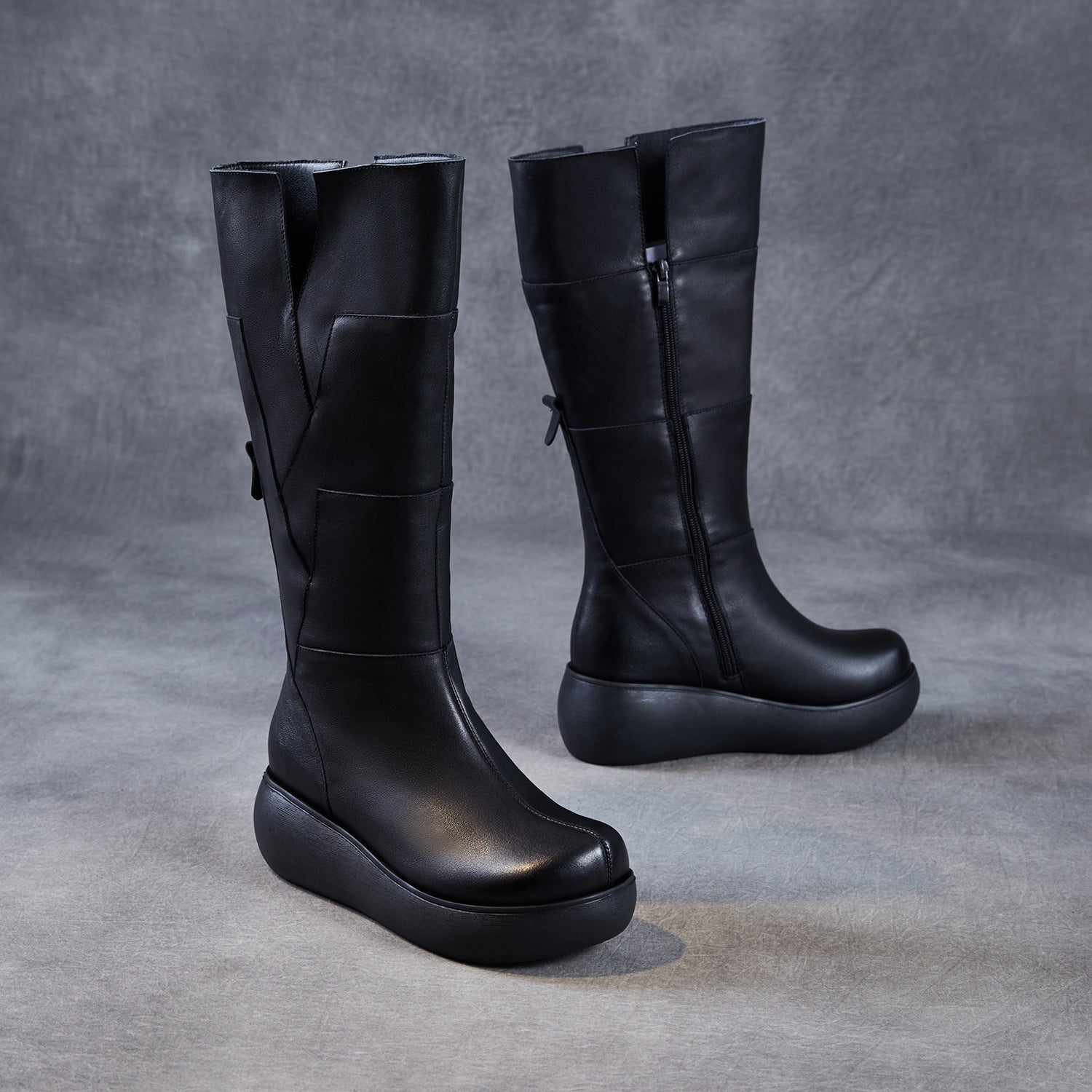 Women's Winter Furred Leather Platform Riding Boots-RAIIFY