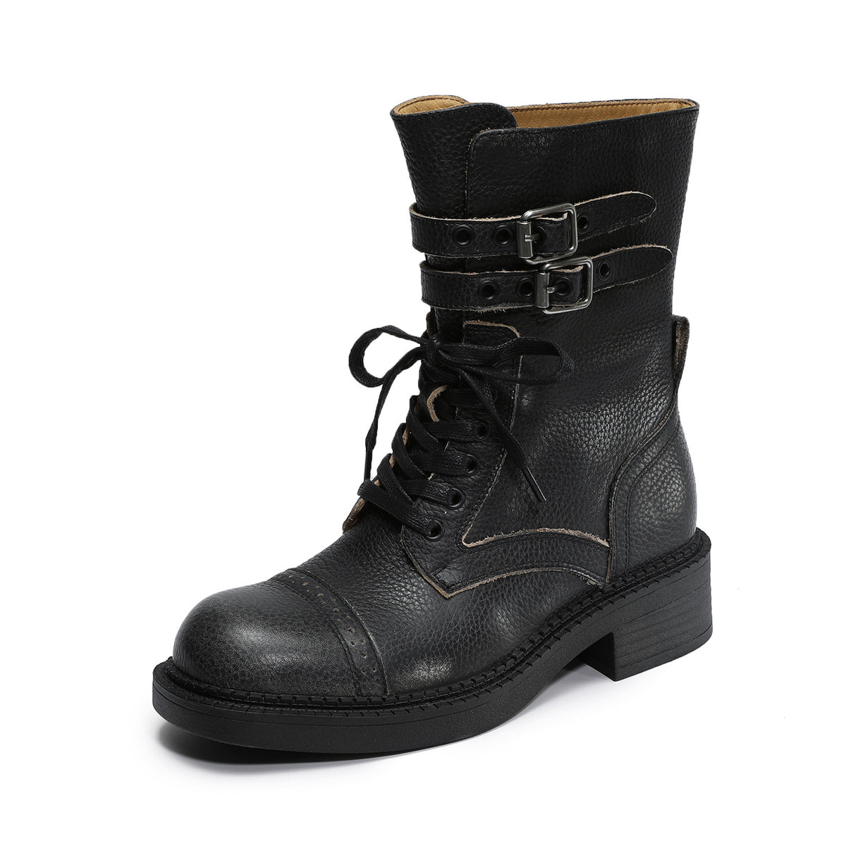 Women's Vintage Leather Buckle Motorcycle Boots-RAIIFY