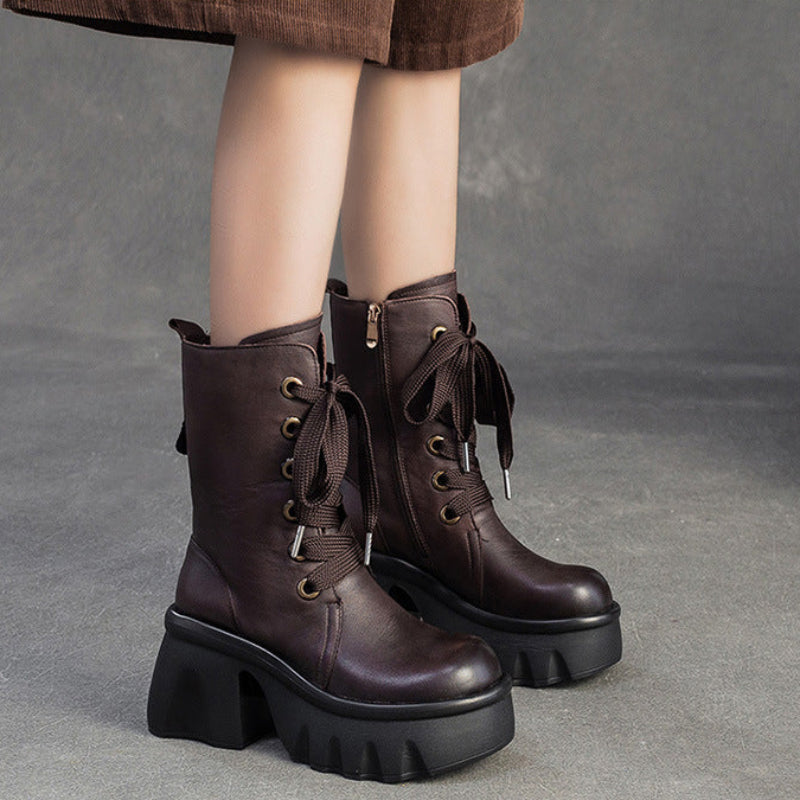 Women's Vintage Leather Chunky Platform Mid-Calf Boots-RAIIFY