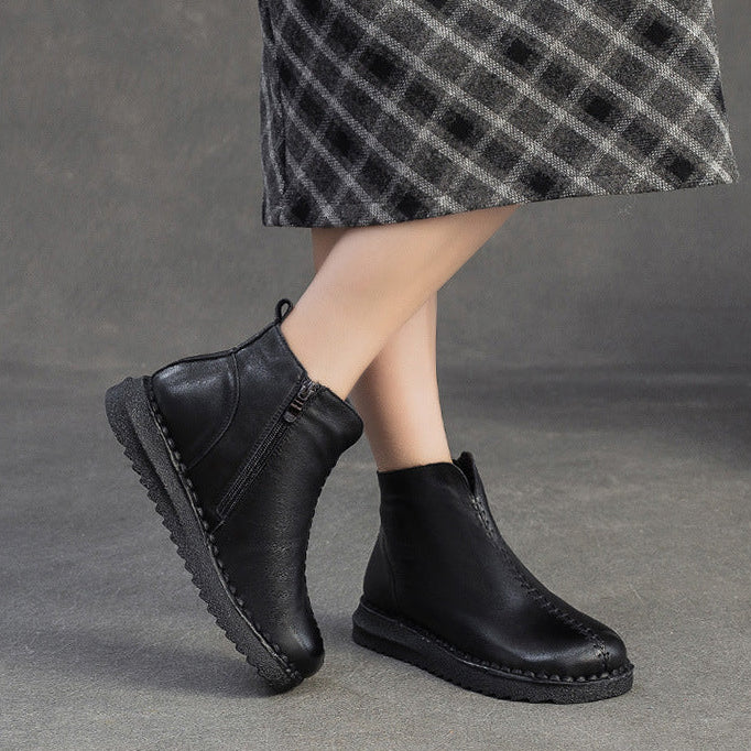 Women's Vintage Plain Leather Furred Flat Ankle Boots-RAIIFY