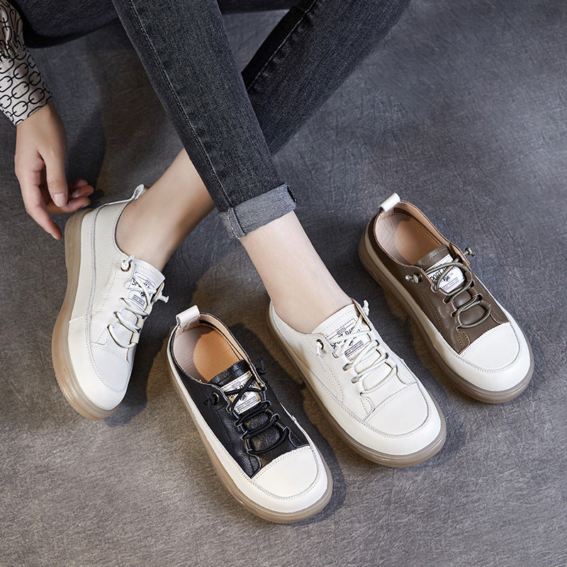 Women Leather Elastic Shoelaces Soft Flat Casual Shoes-RAIIFY
