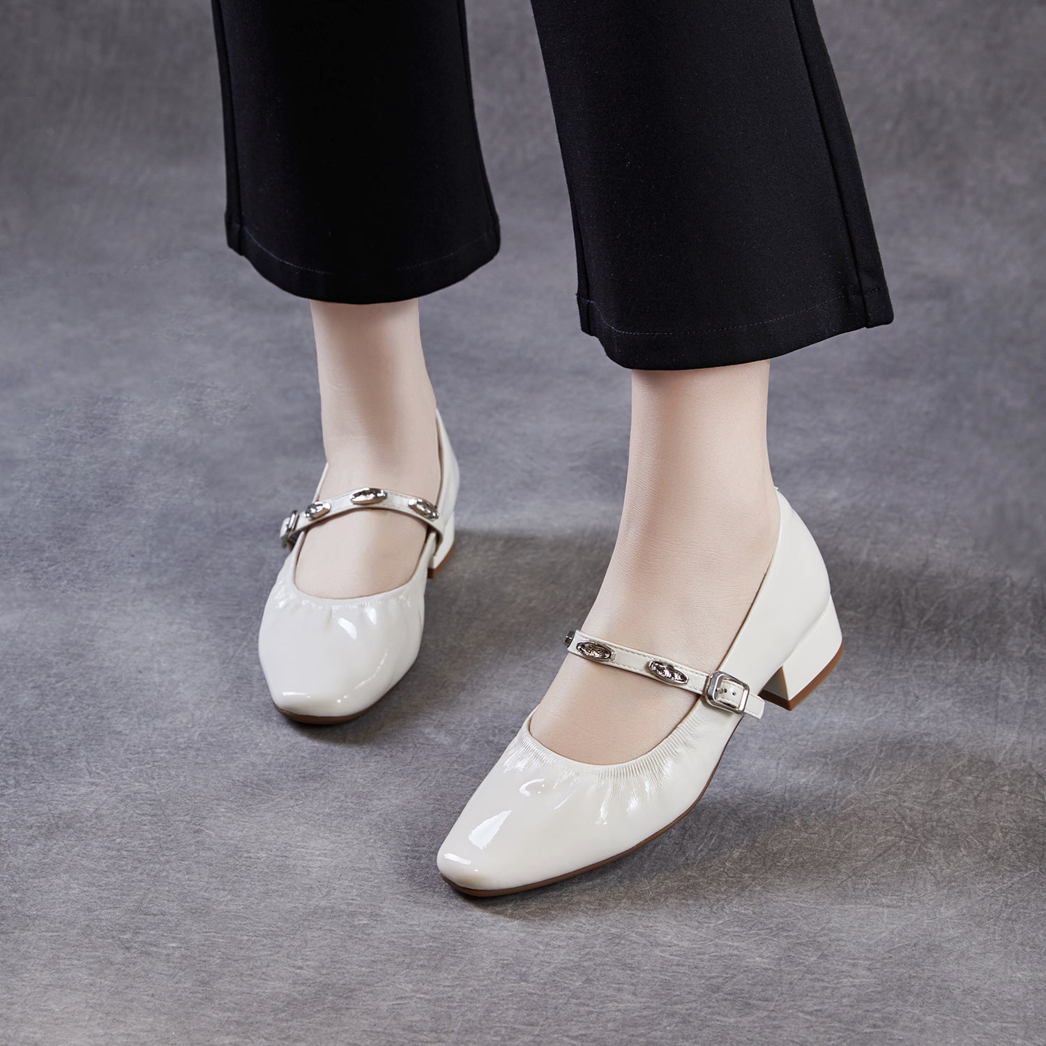 Women's Genuine Leather French Style Mary Jane Block Heel Pumps-RAIIFY