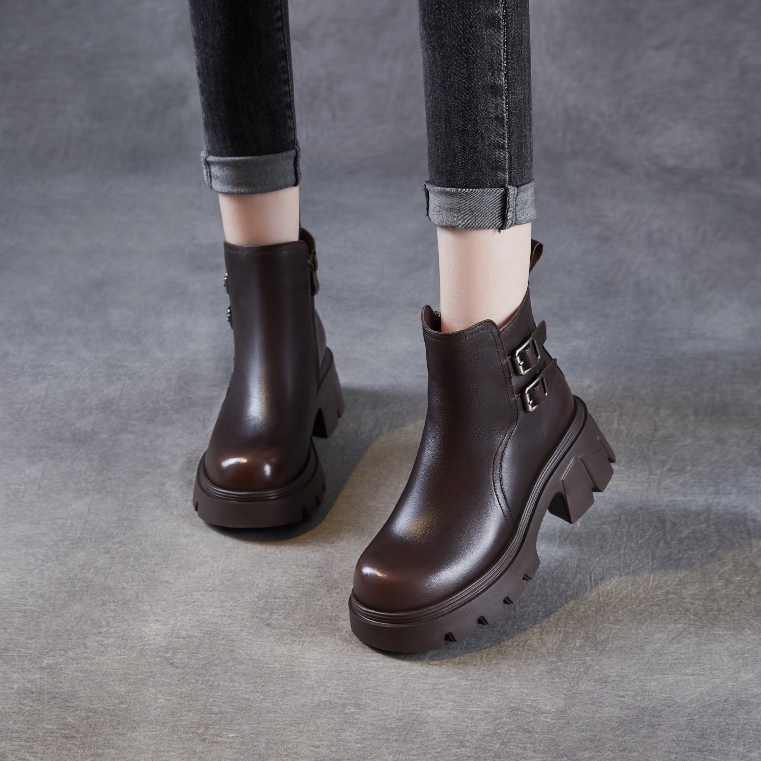 Women's Classic Plain Leather Buckle Platform Ankle Boots-RAIIFY