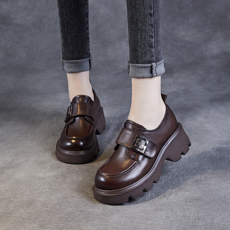 Women Retro Leather Velcro Tape Chunky Platform Loafers-RAIIFY