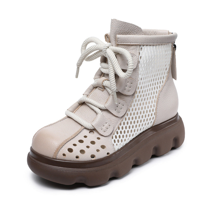 Women Plain Hollow Leather Mesh Platform Boots-RAIIFY