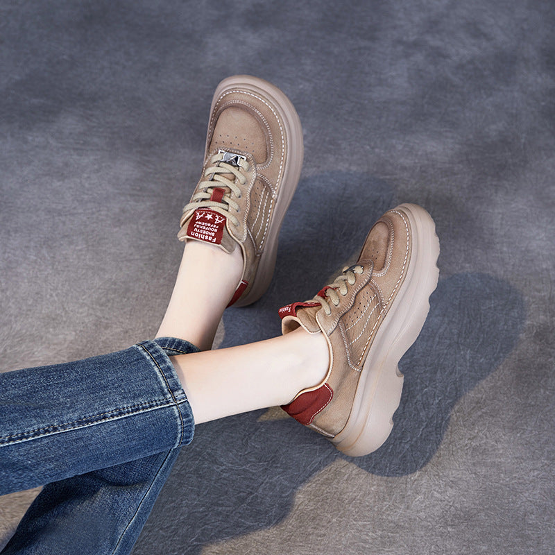 Women Genuine Leather Thick Sole Retro Lace Up Sneakers-RAIIFY