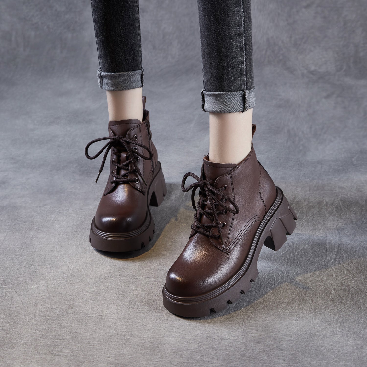 Women's Cowhide Leather Chunky Heel Ankle Boots-RAIIFY