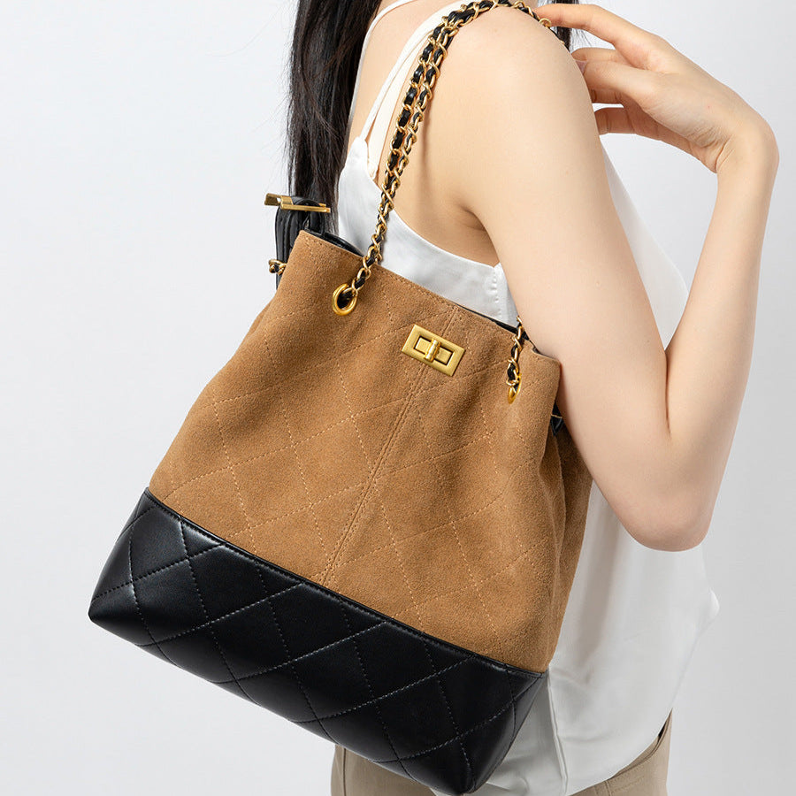 Women’s Suede Leather Bucket Bag with Chain-RAIIFY