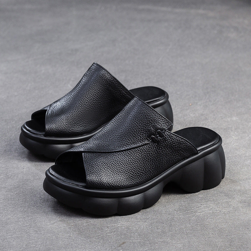Women Minimalist Casual Leather Platform Slides Sandals-RAIIFY